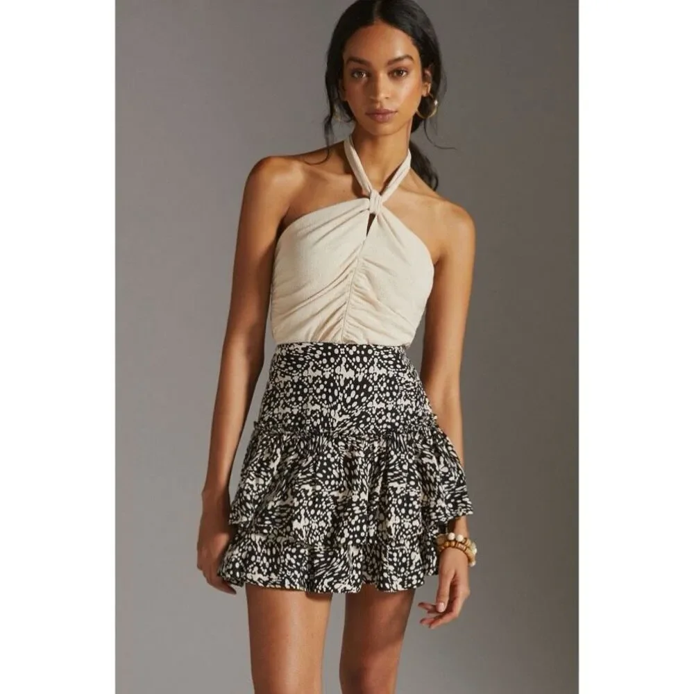 Anthropologie Maeve Tiered Linen Mini Skirt in Dot Print - Size 6